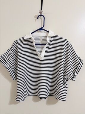 Zenana Outfitters White and Black Striped Polo Short Sleeve Tee and Short Sets